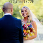 A bride looks at her groom with a text overlay that reads: Lyons, Colorado Wedding Venues You’ll Love