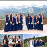 three images of a bridal part on a deck in the mountains of colorado with overlaid text about breckenridge wedding planning