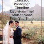 Boulder wedding couple standing in front flatirons with text overlay that reads: Planning a Colorado Wedding? Planning a Colorado Wedding? Timeline Decisions That Matter More Than You Think