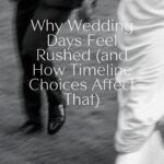 bride and groom walk with text overlay that reads: Why Wedding Days Feel Rushed (and How Timeline Choices Affect That)
