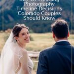 Wedding couple walking in Boulder Colorado with text overlay that reads: Day-Of Wedding Photography Timeline Decisions Colorado Couples Should Know
