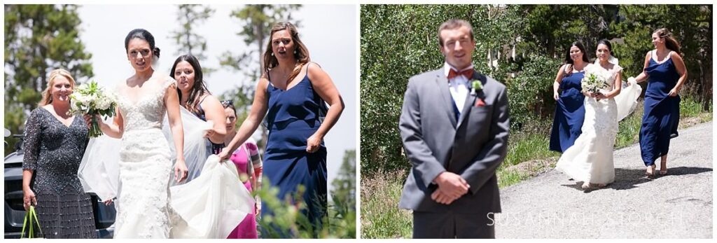 two images of the first look of a colorado mountain wedding