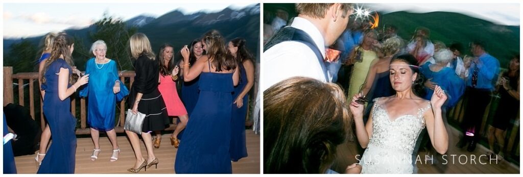 two images of wedding reception dancing outdoors on a deck in Breckenridge Colorado