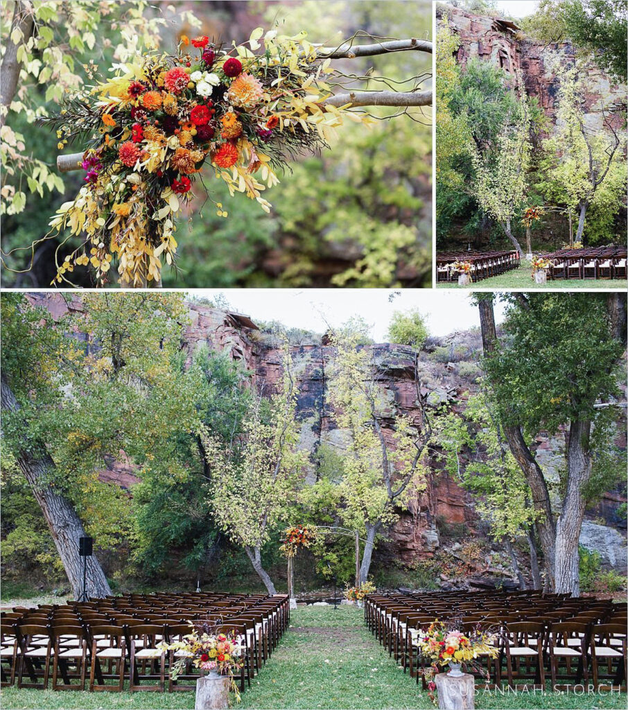 Planet Bluegrass Fall Wedding Ceremony site One of Lyons Colorado wedding venues, Planet Bluegrass wedding ceremony scenes featuring fall flowers