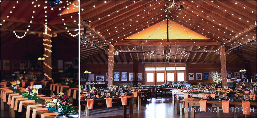 Rocky Mountain National Park elopement photo. Wedding reception detail with orange place settings and sunflowers at Planet Bluegrass in Lyons, Colorado